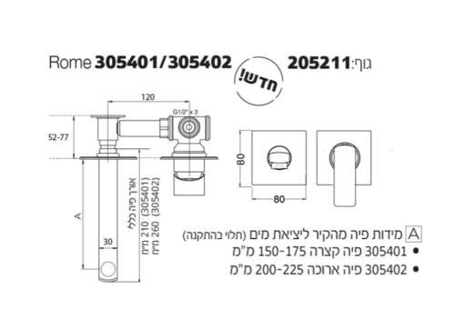 ברזי קיר לכיור אמבטיה פיה ארוכה סדרת רומא רוז גולד מט מק
