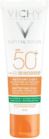 קרם הגנה לפנים למראה מאט 3 ב1 | +SPF50 | מכיל 50 מ"ל | מכיל חימר ירוק ותמצית ביפידוס | וישי | Vichy