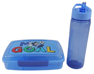 סט קופסת אוכל מחולקת ל 3 תאים ובקבוק שתייה שקוף 600 מ"ל עם פיה נשלפת - מיקי מאוס כדורגל