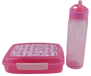 סט קופסת אוכל מחולקת ל 3 תאים ובקבוק שתייה שקוף 600 מ"ל עם פיה נשלפת - ברבי