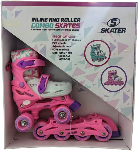 קומבו סקייט - סקיטים 2 ב 1 הופכים לרולר בליידס עם גלגלי PU מידה 35-38 - ורוד/לבן