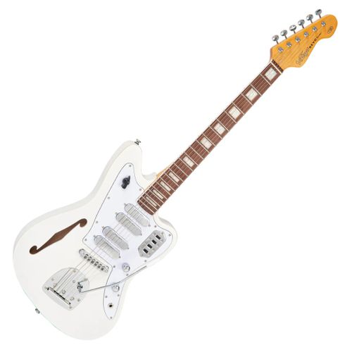 זוית נוספת Vintage REVO Series 'Surfmaster' Quad Electric Guitar ~ Metallic White_tilt right