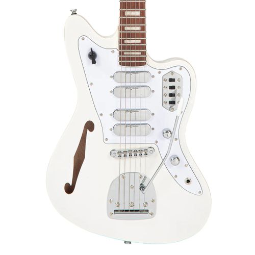 זוית נוספת Vintage REVO Series 'Surfmaster' Quad Electric Guitar ~ Metallic White_front zoom in