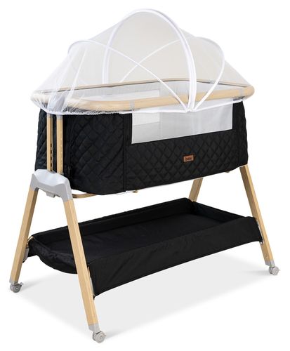 עריסה נצמדת למיטת הורים לוקס LUX עם בדים משודרגים, כילה, משטח אחסון וגלגלים - שחור