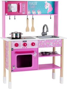 מטבח ורוד מעץ לילדים Master Chef עם אורות וצלילים, תנור, מיקרו וכיור + 6 אביזרים