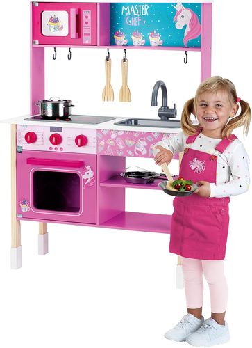 מטבח ורוד מעץ לילדים Master Chef עם אורות וצלילים, תנור, מיקרו וכיור + 6 אביזרים