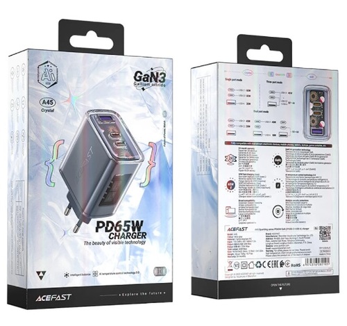 ראש מטען  Acefast A45 Sparkling series PD65W GaN (2*USB-C+USB-A) charger
