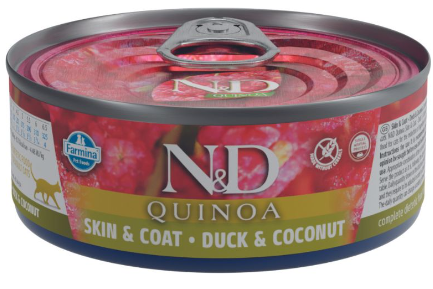 N&D Quinoa Duck And Coconut Skin & Coat Functional Feline - מזון רטוב לחתולים לעור ולפרווה עם ברווז וקוקוס 80 גרם מבצע 10% הנחה בקניית 10 יח