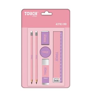 מארז תלמיד עם 6 אביזרים עפרונות, מחק, סרגל ועוד - ורוד