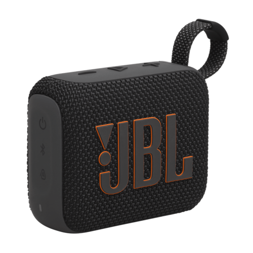 תקריב של רמקול ה-JBL Go 4 בצבע שחור, המציג את הלולאה המשולבת לנשיאה נוחה.
