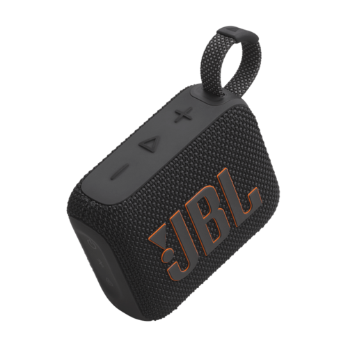 תקריב נוסף של רמקול ה-JBL Go 4 בצבע שחור, המציג את הכפתורים והלולאה המשולבת.