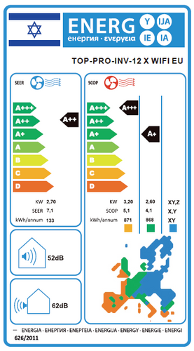 ‏מזגן עילי Top Pro Inv 12X Wifi EU שנת 2025 Tornado ‏1.0 ‏כ