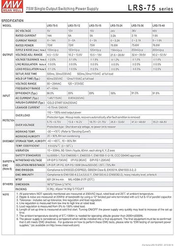 ספק כוח ממתג MEANWELL בזיווד מתכת 12VDC 6A  LRS-75-12