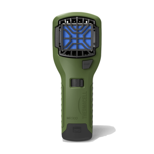 מכשיר דחיית יתושים נייד THERMACELL MR300 בצבע ירוק עם מיכל גז ו-3 טבליות דחייה, מספק הגנה יעילה בשטח 20 מ
