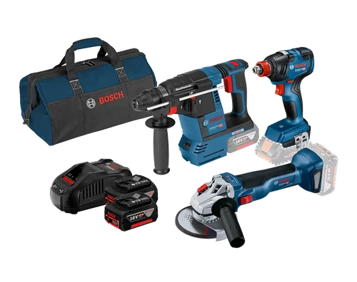 סט 3 כלים נטענים 18V : פטישון + מברגת אימפקט +משחזת + כולל שתי סוללות 5 AH , מטען GAL1880 ותיק נשיאה דגם 15990.N21 בוש