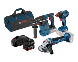 סט 3 כלים נטענים 18V : פטישון + מברגת אימפקט +משחזת + כולל שתי סוללות 5 AH , מטען GAL1880 ותיק נשיאה דגם 15990.N21 בוש