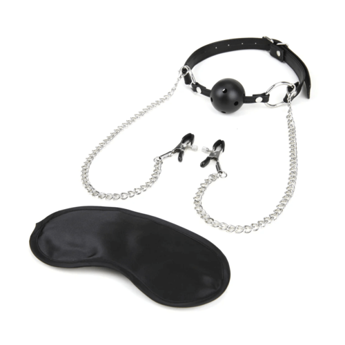 גאג בול קינקי שחור בד סקוץ עם מצבטי פטמות Lux Fetish - Breathable Ball Gag With Nipple Chain