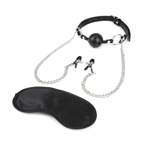 גאג בול קינקי שחור בד סקוץ עם מצבטי פטמות Lux Fetish - Breathable Ball Gag With Nipple Chain