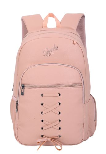 תיק גב אפנתי לנוער עם גב קשיח אורטופדי, ארבע תאי חלוקה, שני תאי צד ותא נגד גניבות - ורוד דמוי עור שרוכים