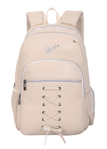 תיק גב אפנתי לנוער עם גב קשיח אורטופדי, ארבע תאי חלוקה, שני תאי צד ותא נגד גניבות - שמנת דמוי עור שרוכים