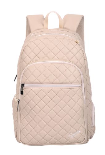 תיק גב אפנתי לנוער עם גב קשיח אורטופדי, ארבע תאי חלוקה, שני תאי צד ותא נגד גניבות - שמנת דמוי עור משבצות