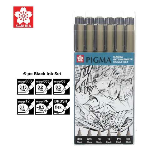מארז 6 רפידוגרף סקורה PIGMA  בעוביים שונים MANGA INTERMEDIATE (שחור)