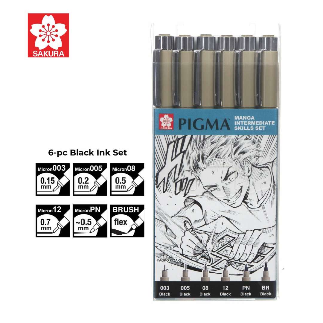 מארז 6 רפידוגרף סקורה PIGMA  בעוביים שונים MANGA INTERMEDIATE (שחור)