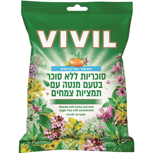 ויויל | סוכריות | טעם מנטה | עם תמציות צמחים | מכיל 60 גרם | ללא סוכר | מכיל רב כהלים