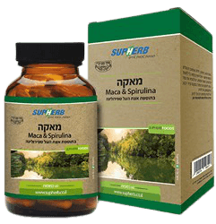 מאקה בתוספת אצת העל ספירולינה | מכיל 60 כמוסות | עשיר בסיבים | מכיל ויטמינים ומינרלים | סופהרב | SUPHERB