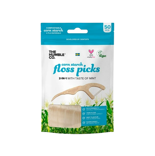 קיסם וחוט דנטלי | עם ידית מתכלה | בטעם מנטה עדין | מכיל 50 יחידות | Humble Brush