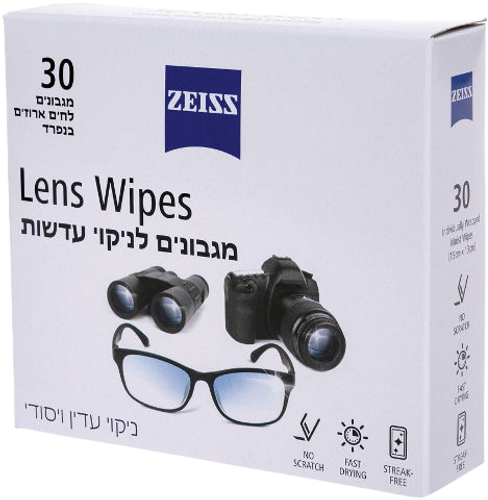 מגבונים לניקוי עדשות | ניקוי עדין ויסודי | 30 מגבונים לחים ארוזים בנפרד