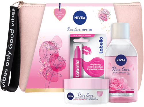מארז טיפוח ROSE CARE | תיק איפור + קרם יום + מים מיסלריים + שפתון לבלו | ניוואה | NIVEA	