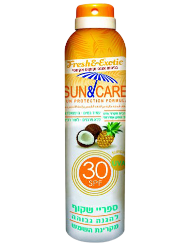 ספריי שקוף להגנה גבוהה מקרני השמש | 200מ"ל | SPF30 | עמיד במים | ללא פרבנים | בניחוח אננס וקוקוס אקזוטי | Sun & Care