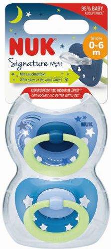 זוג מוצצי נוק סיגנטור נייט NUK Signature Night | סיליקון 0-6 חודשים | אפקט זוהר בחושך | כחול |