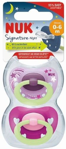 זוג מוצצי נוק סיגנטור נייט NUK Signature Night | סיליקון 0-6 חודשים | אפקט זוהר בחושך | סגול |