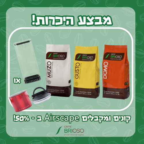 מבצע היכרות שלישיית קפה בריוסו בקלייה טרייה + Airscape ב - 50%!