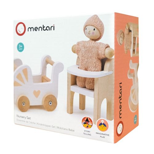 סט בובת תינוק סרוגה, כסא אוכל ועגלת תינוק מעץ