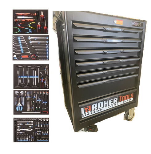 עגלת כלים 7 מגירות שחורה מזוודת 198 חלקים ROHER TOOLS