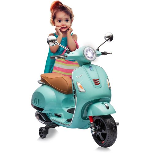 אופנוע ממונע 12V וספה VESPA מפואר עם גלגלי עזר, פסי גומי על הגלגלים, אורות ואפקטים קוליים - טורקיז