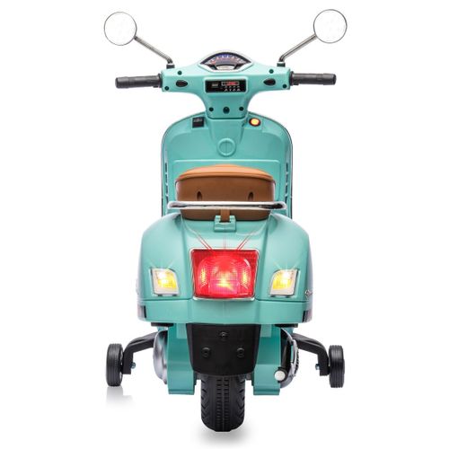 אופנוע ממונע 12V וספה VESPA מפואר עם גלגלי עזר, פסי גומי על הגלגלים, אורות ואפקטים קוליים - טורקיז