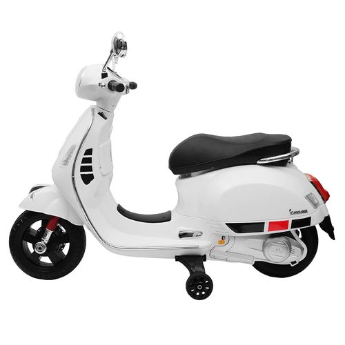 אופנוע ממונע 12V וספה VESPA מפואר עם גלגלי עזר, פסי גומי על הגלגלים, אורות ואפקטים קוליים - לבן