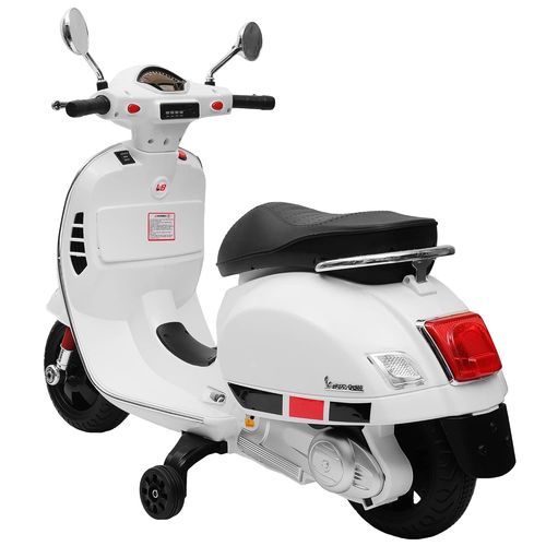 אופנוע ממונע 12V וספה VESPA מפואר עם גלגלי עזר, פסי גומי על הגלגלים, אורות ואפקטים קוליים - לבן
