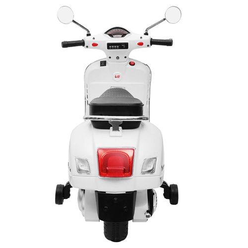 אופנוע ממונע 12V וספה VESPA מפואר עם גלגלי עזר, פסי גומי על הגלגלים, אורות ואפקטים קוליים - לבן