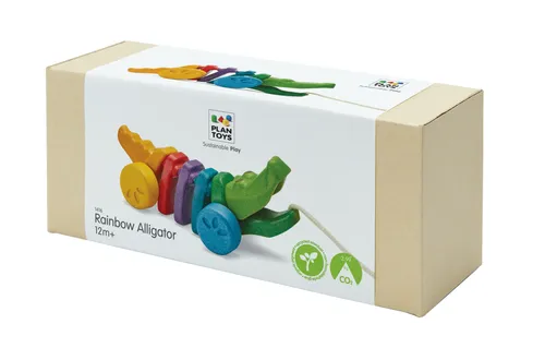 אריזת תנין נגרר מעץ של PlanToys בצבעי הקשת לעידוד הליכה וזיהוי צבעים