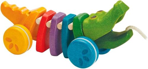 תנין נגרר מעץ של PlanToys בצבעי הקשת לעידוד הליכה וזיהוי צבעים