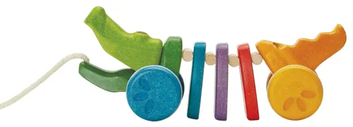 תנין נגרר מעץ של PlanToys בצבעי הקשת לעידוד הליכה וזיהוי צבעים מתוח כ״אקורדיון*