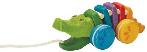 תנין נגרר מעץ עם חוט של PlanToys בצבעי הקשת לעידוד הליכה וזיהוי צבעים