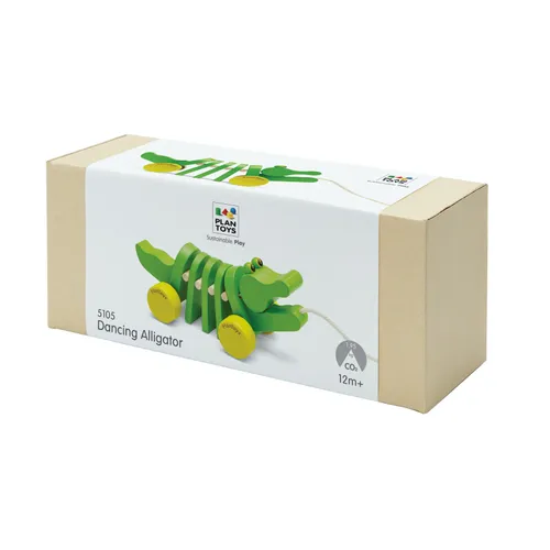 אריזת תנין נגרר מעץ של PlanToys (הדגם הקלאסי הירוק) לעידוד הליכה