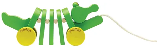 גוף ״אקורדיון״ פתוח של תנין נגרר מעץ של PlanToys (הדגם הקלאסי הירוק) לעידוד הליכה