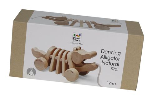 אריזת תנין נגרר מעץ של PlanToys (התנין המרקד) בצבע טבעי לעידוד הליכה